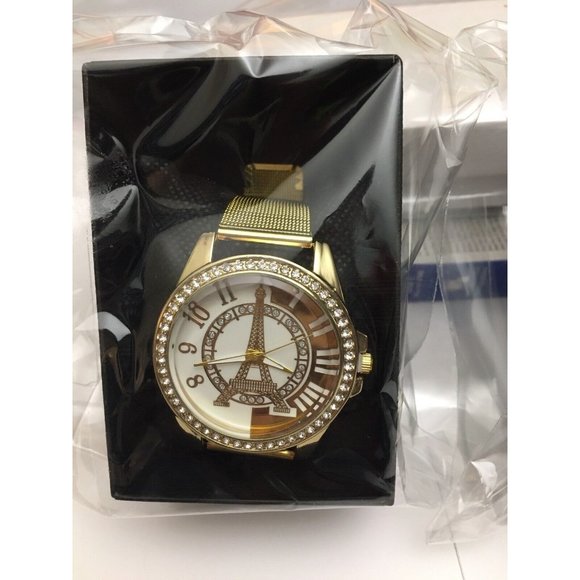 2 Women Gold Rose Gold Watch Tower Eiffel  Rhinestone Dial Quartz Analog - Picture 2 of 3